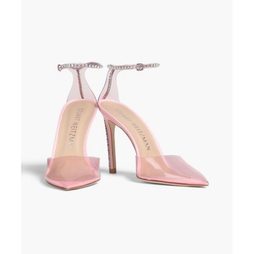 Stuart Weitzman Diamond studded clear front pumps.